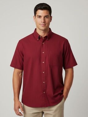 IVY CREW Men's Wrinkle-Resistant Button-Down Shirt in Burgundy Short-Sleeve